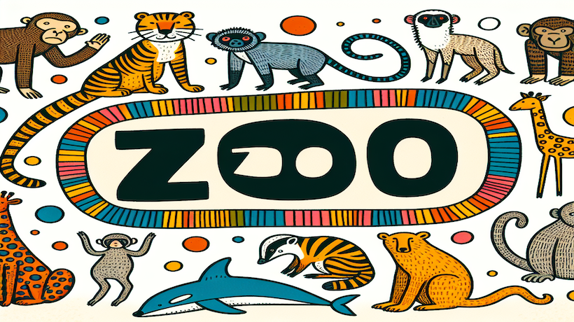 Bild mit dem Wort "Zoo" im Mittelpunkt und Zootieren im Comic-Stil