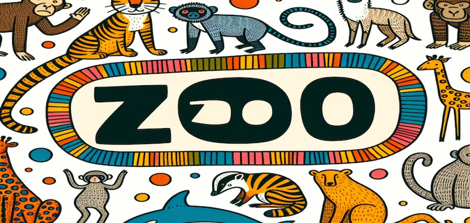 Bild mit dem Wort "Zoo" im Mittelpunkt und Zootieren im Comic-Stil