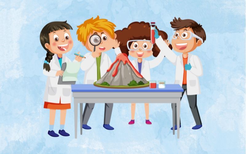 Eine Comic-Zeichnung von Kindern, die experimentieren.