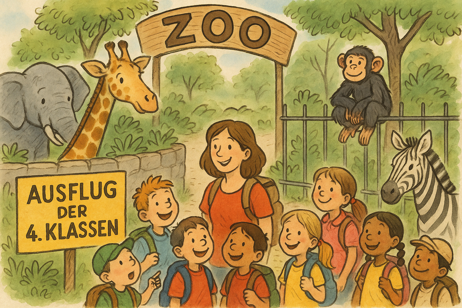Zeichnung von Kindern mit ihrer Lehrerin im Zoo.