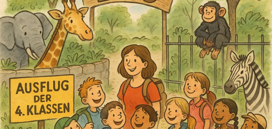 Zeichnung von Kindern mit ihrer Lehrerin im Zoo.