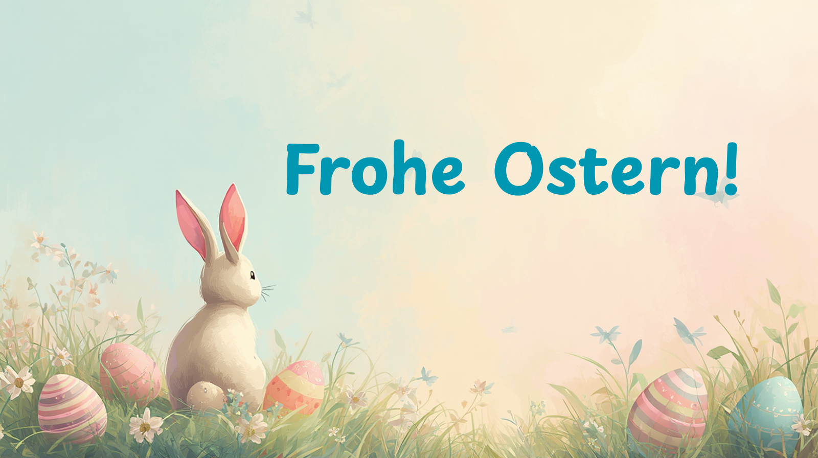 Frohe Ostern Ein gezeichneter Osterhase sitzt auf einer Wiese mit Ostereiern.