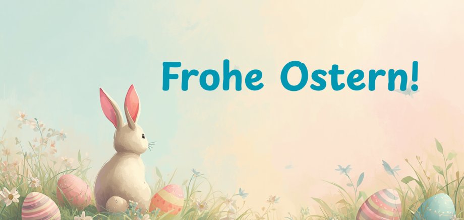 Ein gezeichneter Osterhase sitzt auf einer Wiese mit Ostereiern.
