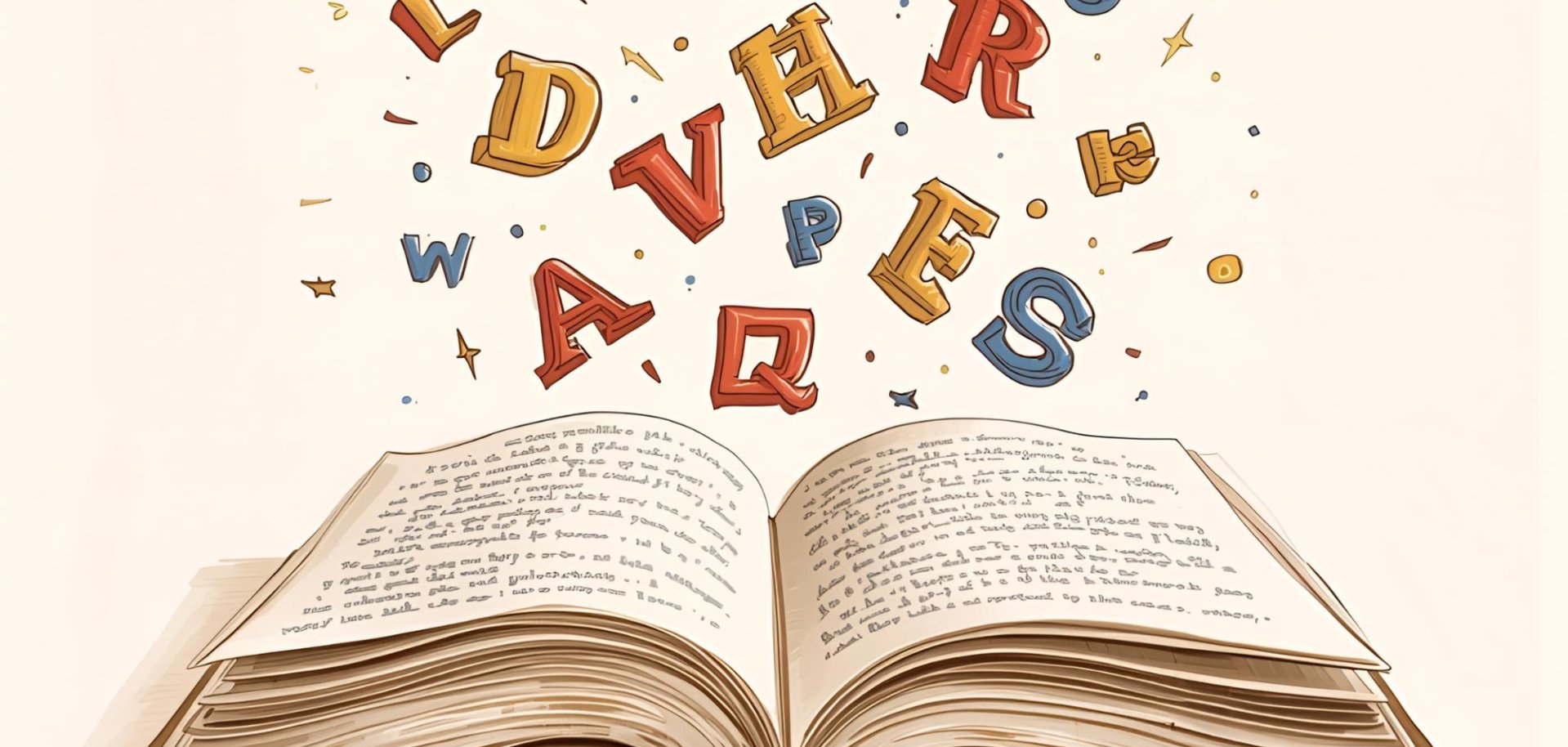 Aufgeschlagenes Buch, aus dem Buchstaben schweben.