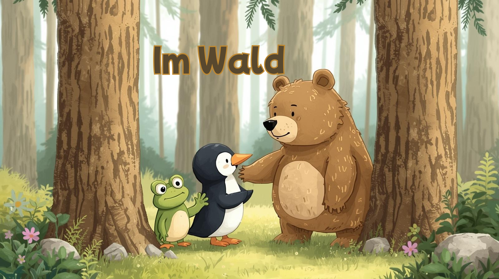 Im Wald - 1 Zeichnung eines Frosches, eines Pinguins und eines Bären im Wald.