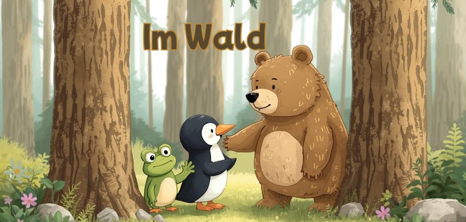 Zeichnung eines Frosches, eines Pinguins und eines Bären im Wald.