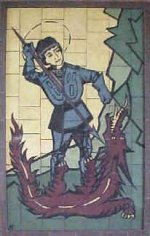 Mosaik-Darstellung des heiligen Georg, wie er den Drachen mit einer Lanze tötet.