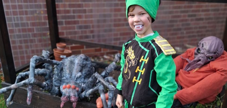 Das Foto zeigt ein einen Jungen im grünen Ninja Kostüm vor einer künstlichen Spinne und Horrorfigur.